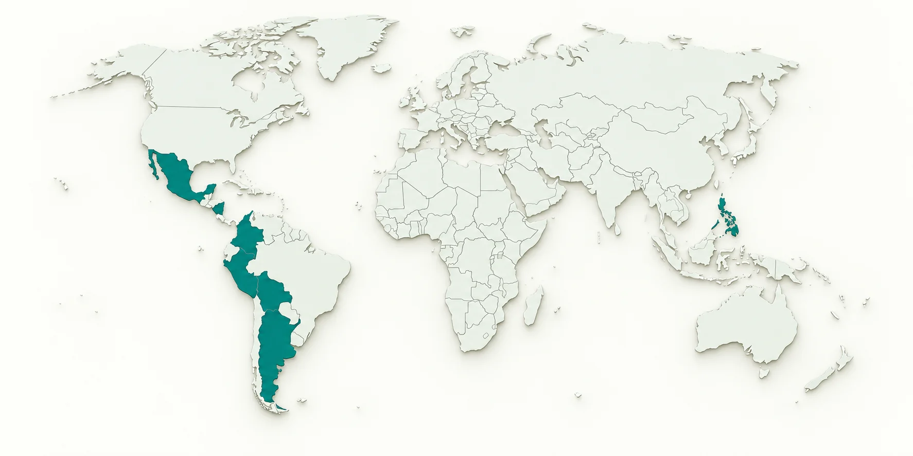Weltkarte mit den hervorgehobenen Ländern Mexiko, Nicaragua, Kolumbien, Peru, Bolivien, Argentinien und Philippinen
